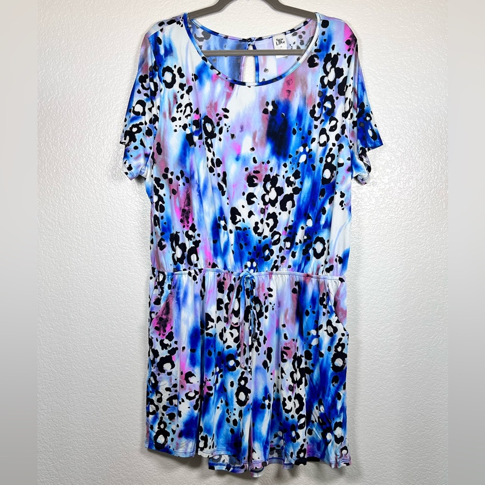 Vivid blue and purple cheetah print romper, size 3X